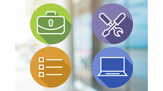 This image features four circular icons, each representing a different concept:

Green Circle: A briefcase with a lock, symbolizing security or business.
Blue Circle: Crossed tools (a wrench and a screwdriver), indicating tools or maintenance.
Yellow Circle: A checklist, suggesting tasks or organization.
Purple Circle: A laptop, representing technology or computing.