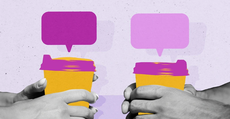 Hands holding coffee to-go cups with speech bubbles over top