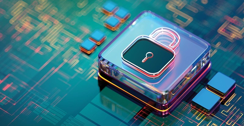 Cyber security depicted by lock sign on digital cpu