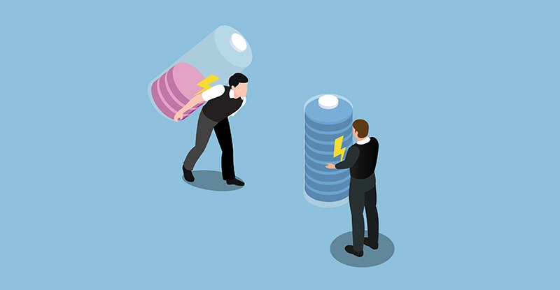 Graphic of two business people, one holding a large full battery, the other with a half-full battery carried on their back 