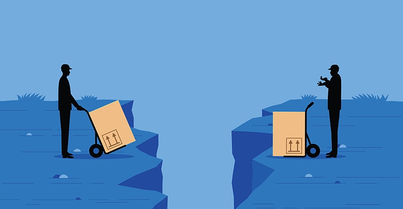 Two people wanting to trade are separated by a large gap