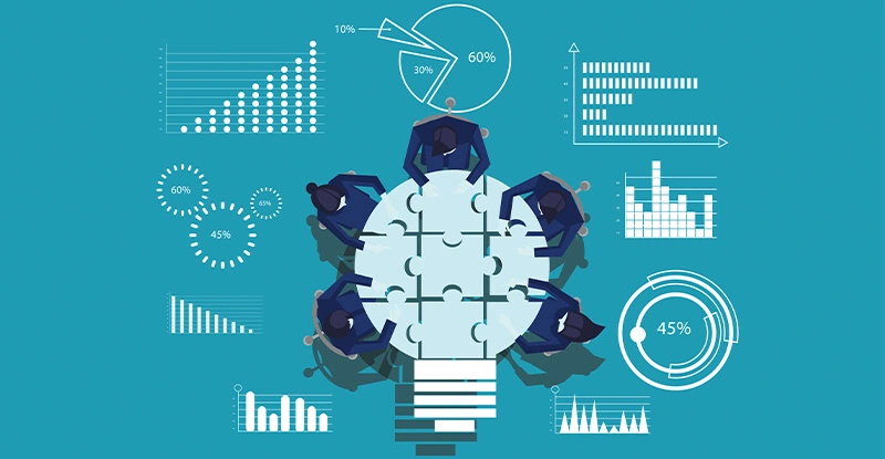 Brainstorm working, connect jigsaw pieces, for success, plan, think, search, analyze, communicate, futuristic idea innovation technology