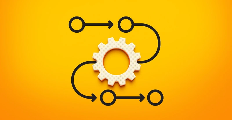 Process Diagram with 3D Gear Icon Centered Among Sequential Circular Steps