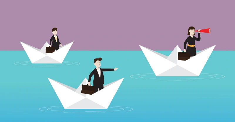 Business people with a telescope on a paper boat