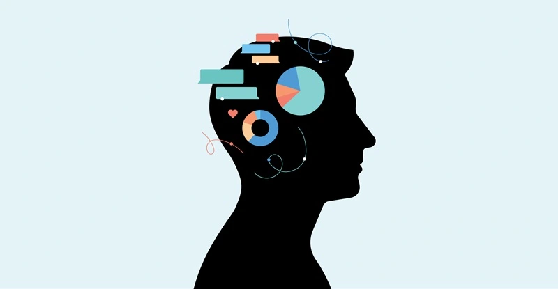  Human head profile with charts, data widgets and abstract analytics inside
