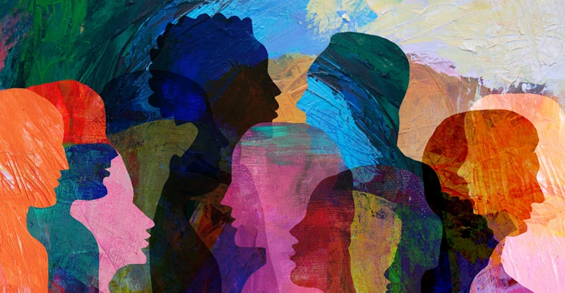 Group of diverse people profile view hand drawn silhouettes talking