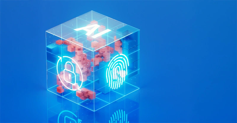 Futuristic Blue Cubes. Biometric fingerprint authentication system. Big Data, Innovation, AI, Cloud Technology and Cybersecurity Concept.