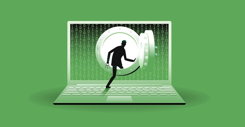 Hacker opening vault door in laptop illustration