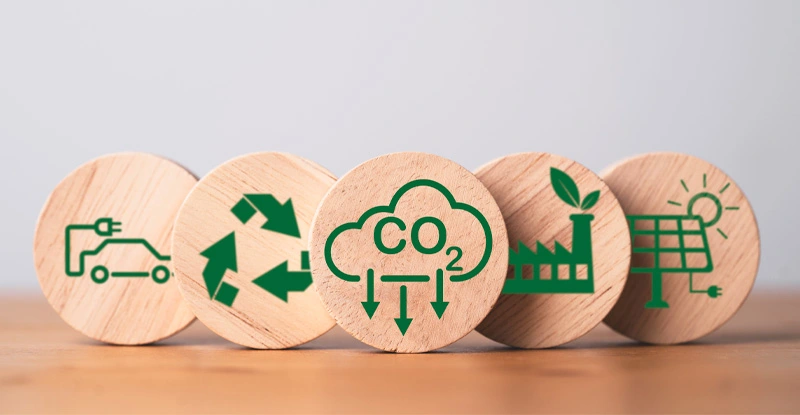CO2 reducing, Recycle, Green factory and electric vehicle icon for decrease CO2, carbon footprint and carbon credit to limit global warming from climate change symbols on wooden circles